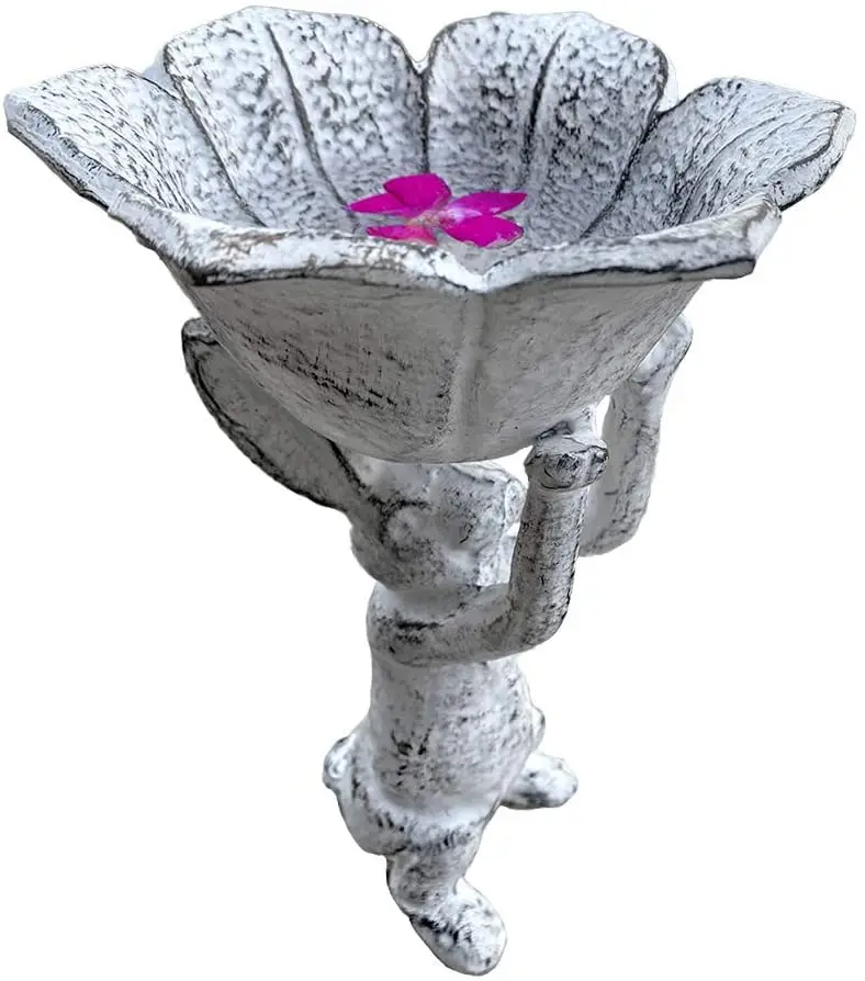 Oniya Distressed Antique White Cast Iron Planter Indoor Outdoor Bird Feeder Bunny Rabbit and Spring Tulip Yard Art Garden Decor