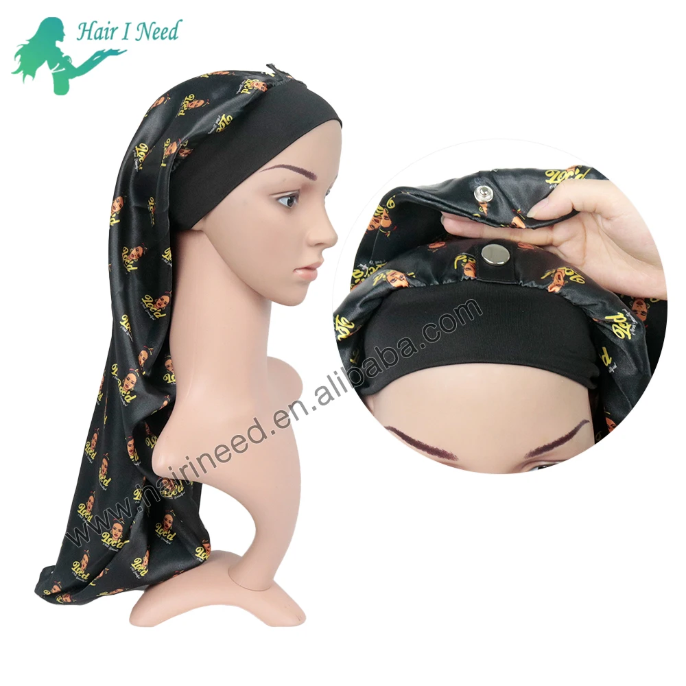 Private Label Braid Bonnets Custom Satin Long Bonnet With Snap Button Adjustable Extra Long Satin Hair Bonnet