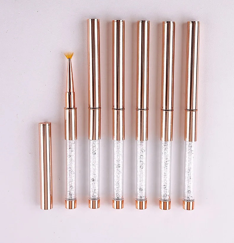 High Quality 3D Nail Art Brush Set with Rose Gold Rhinestone Handle Cusotom Kolinsky Hair Liner Metal Handle Pen Brush