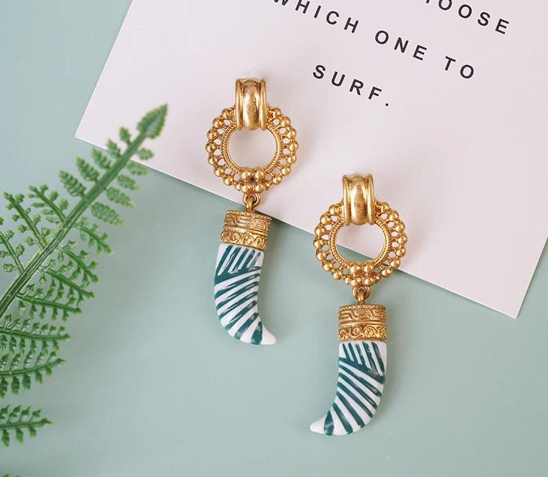 Bohemia Enamel Ivory Pendant Stud Earrings Chic Women Girls Carved Geometric Statement Earrings Beach Accessories Gift Casual