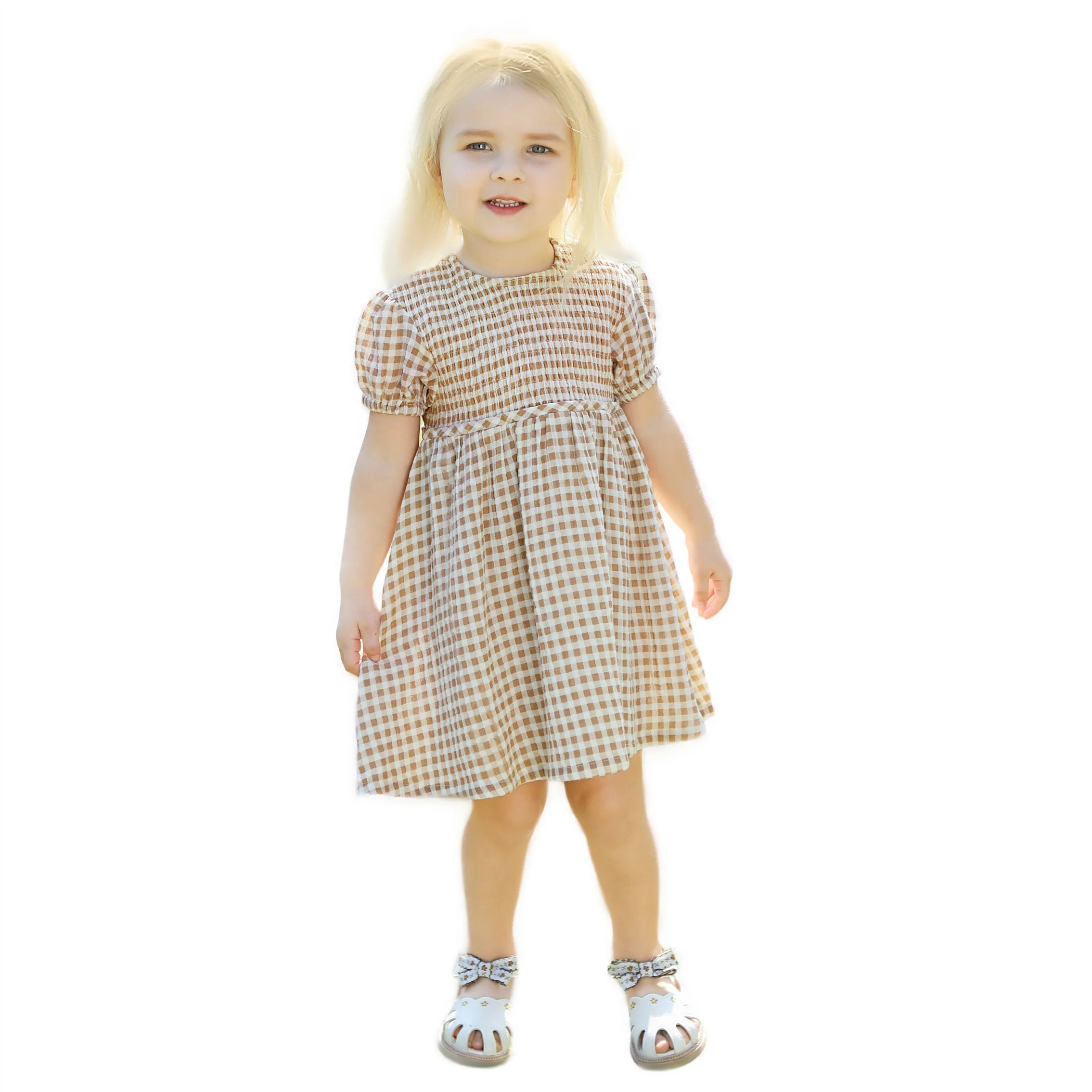 Northern Europe Gingham Muslin Dress Children Summer Smocking Back Wood Buttons Princess Dress Short Sleeved Custom Kids Dresses