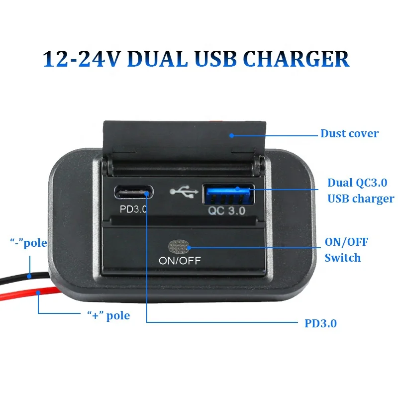 DC 12V 24V Panel Mount Dual USB Charger 2 USB Ports Qc 3.0 Type C PD Car Charger Socket for Tram Boat Bus Seat