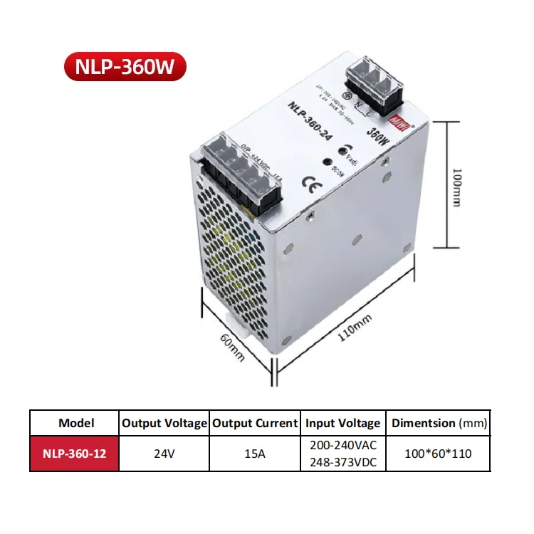 MiWi NLP-360-24 Hot Sale Iron Aluminum case 220VAC to 24VDC 360w DC Industrial Power Supplies 15A For Led Strip Light