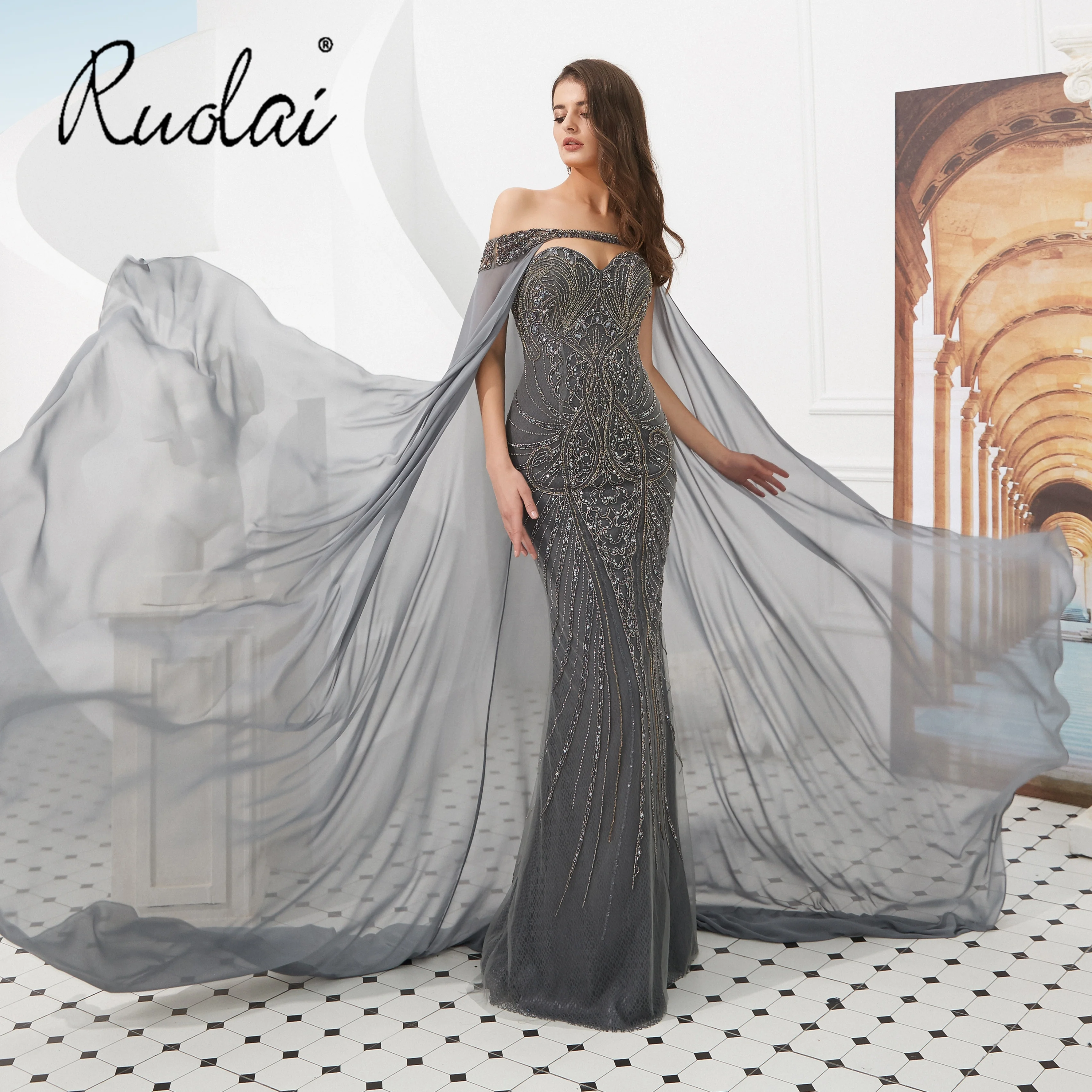 Ruolai LDC6710 New 2024  dark grey formal dress with Long Cloak Heavy Beading Luxury abendkleid Evening Dress