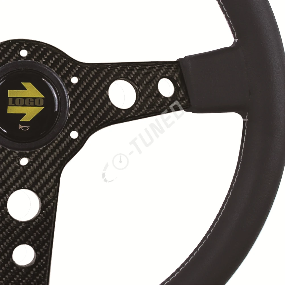 345mm/13.58inch JDM Racing Prototipo Style 6-Bolt Carbon Fiber Spoke Black Leather Steering Wheel With Logo Horn Button