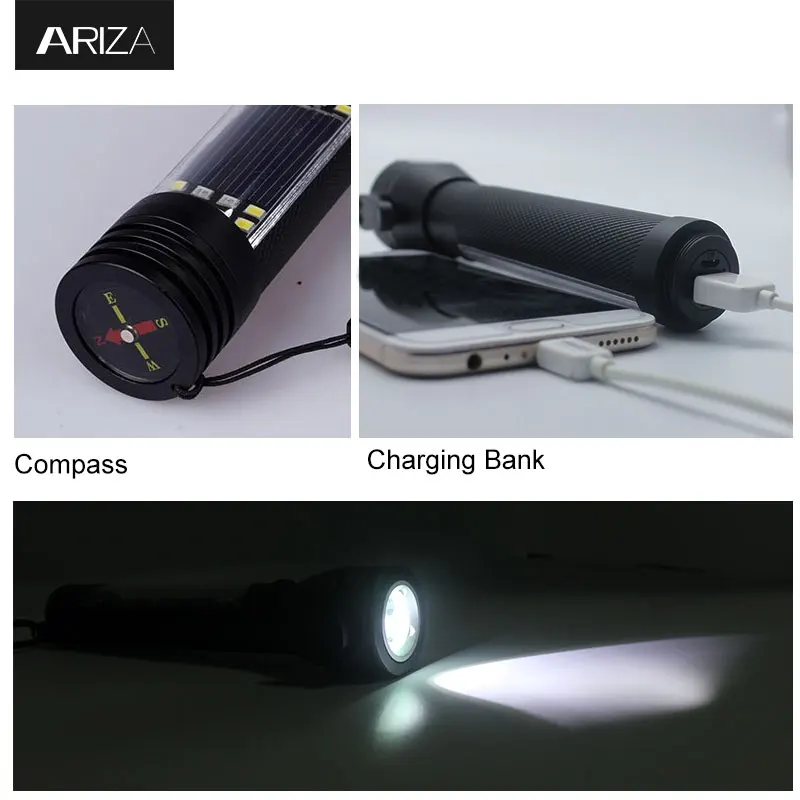 Multifunction Emergency SOS Alarm Tactical Solar Power Rechargeable Led Torch With Power Bank