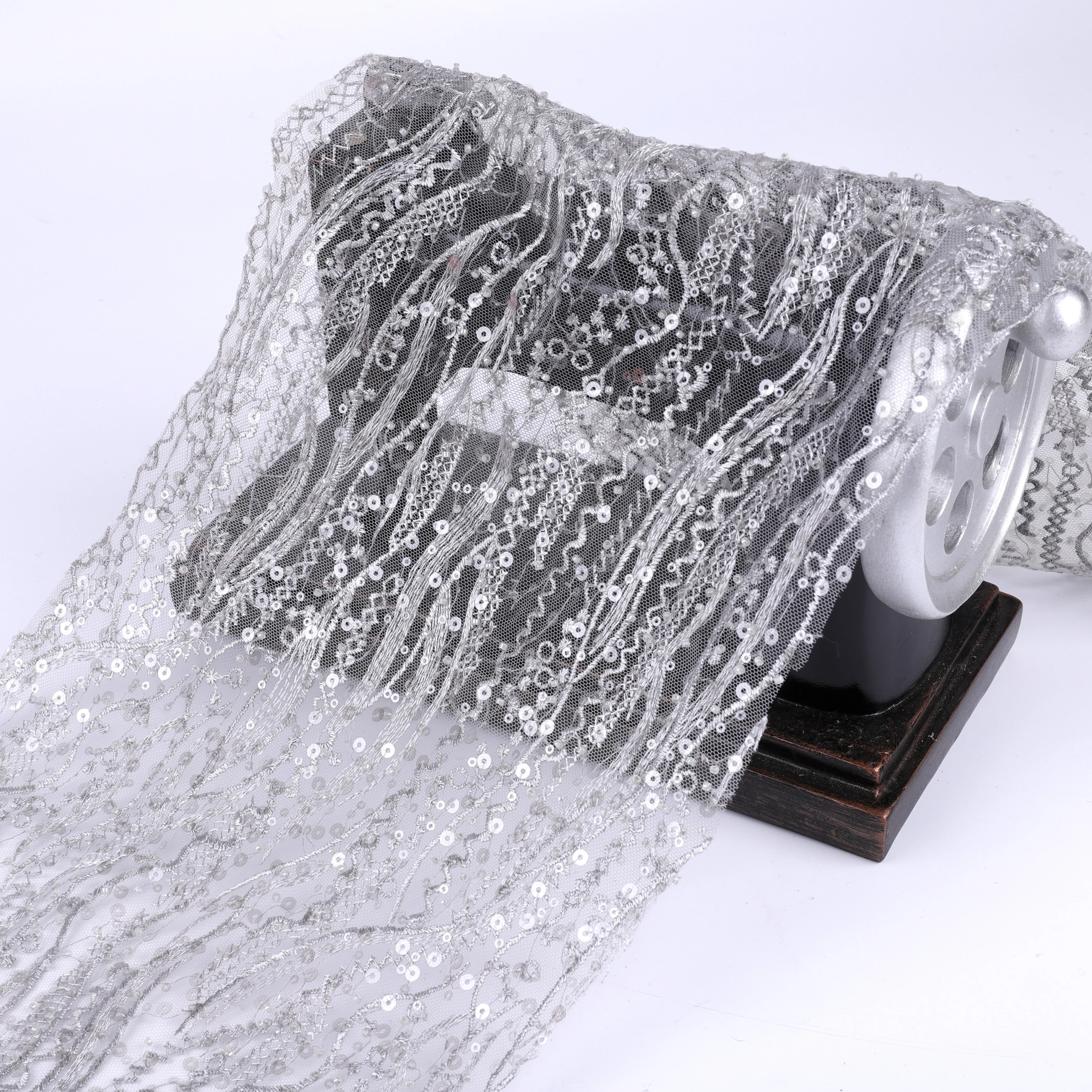 
Sequence fabric luxury french tulle mesh wedding dress bead sequin embroidered fabric 