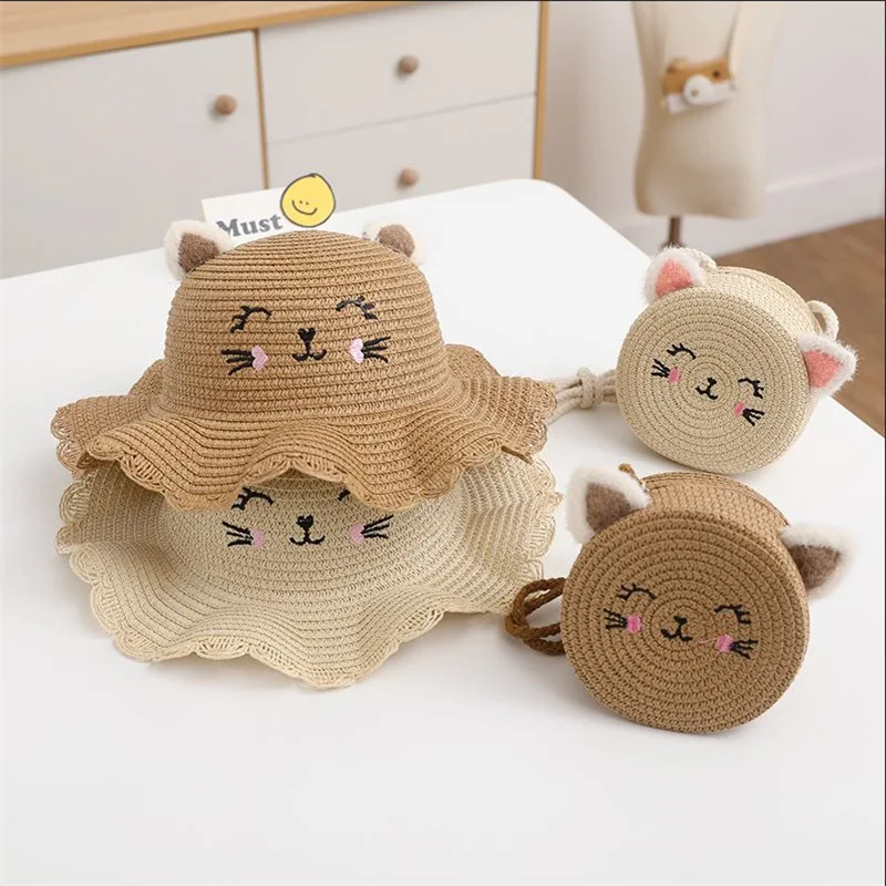 Fashion Cute Outdoor Foldable Wide Brim Grass Hats Kids Summer Beach Straw Sun Hat Wholesale All Bucket Hat and Purse Sets