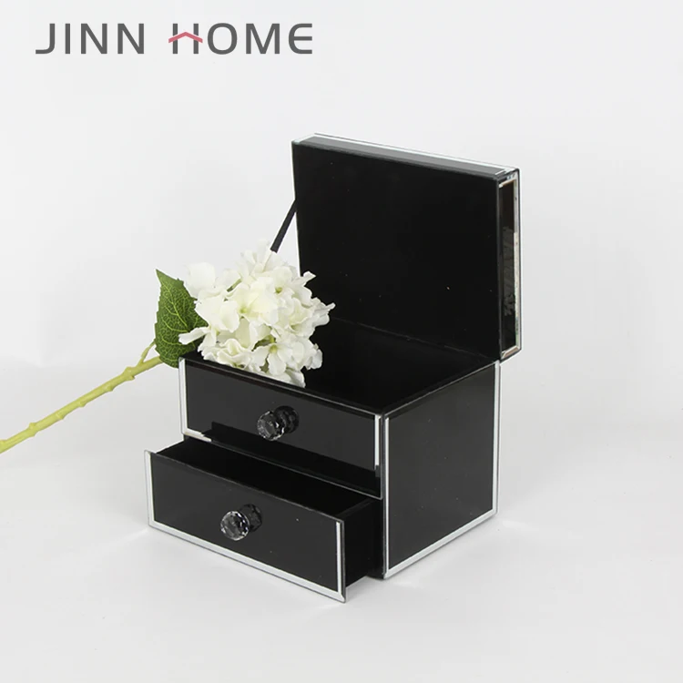 Black Luxury Glass Jewelry Box with Clear Stone Custom-Made Wedding Gift Two Layers Drawer Type Similar to a Photo Frame