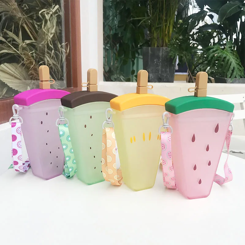 New Summer Korean version water plastic silica gel watermelon strap straw cold drink water cup student water cup bpa free