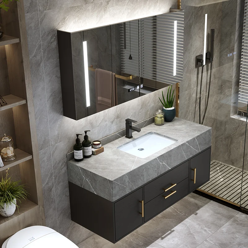  High End Design Bathroom Furniture Vanity Plywood Cabinet with Slab Basin