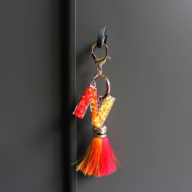 gradient Sequin tassel 26 letters resin keychain, Acrylic 26 capitals alphabet Initial glitter bag charm pendant car keyring,
