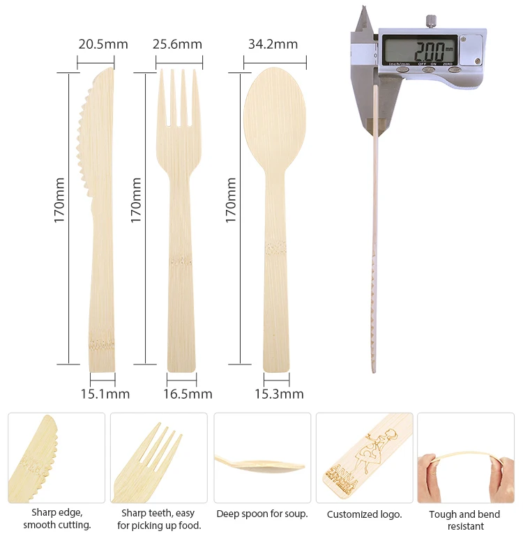 Eco-friendly Degradable Compostable Heavyweight Disposable Bamboo Tableware Knife Fork Spoon for Sale