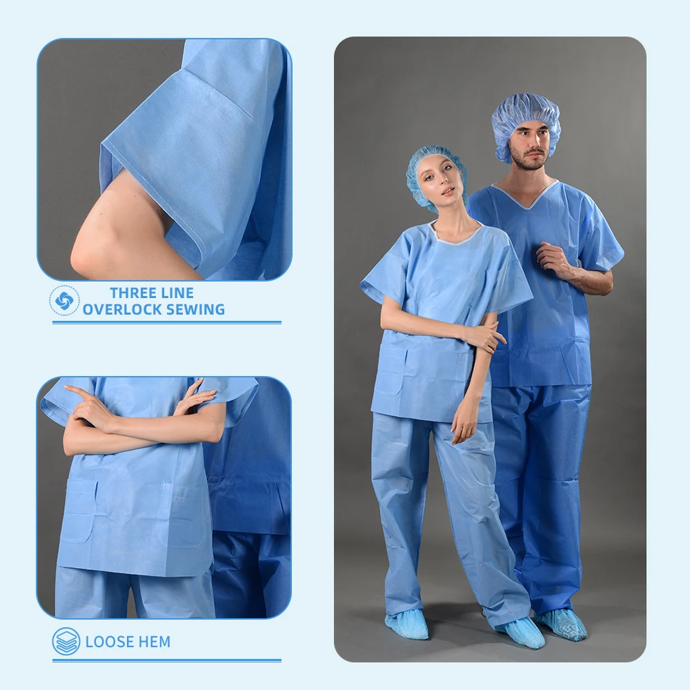PP Nonwoven Blue Hospital Uniforms Disposable Nurse Scrub Suit and Doctor Pajamas for Patients Comfortable and Hygienic