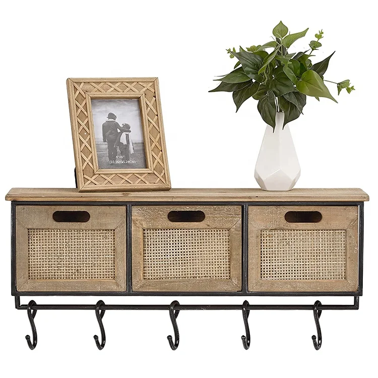 Rustic Wall Mounted Key Coat Rack Storage Shelf Wooden Entryway Floating Hanging Shelf with 5 Hooks 3 Drawers for Living Room