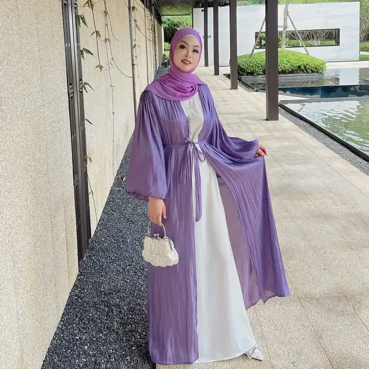 Middle east muslim women clothing shinny polyester see through spring  summer open abaya islamic dress