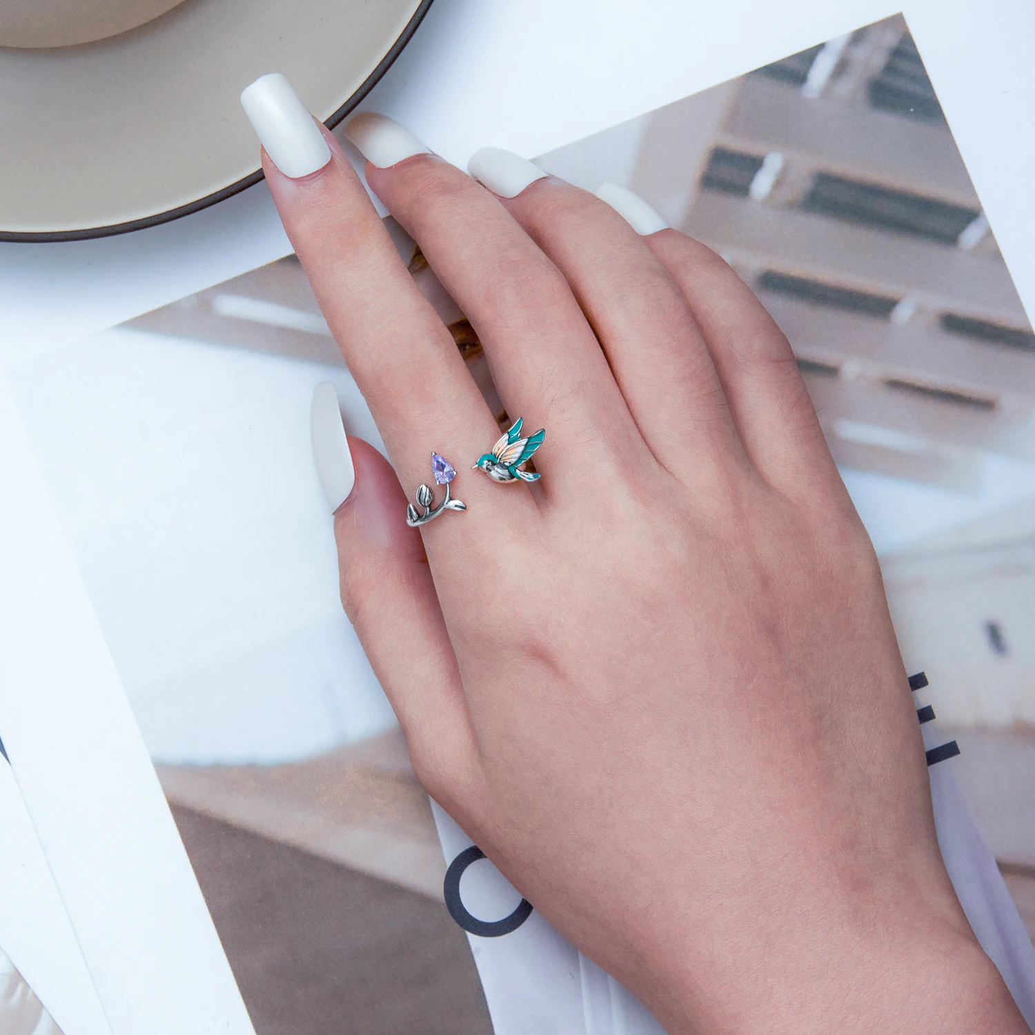 Summer Climber Crawler Bird Fashion Floral Ring 925 Sterling Silver Adjustable Open Ring for Women