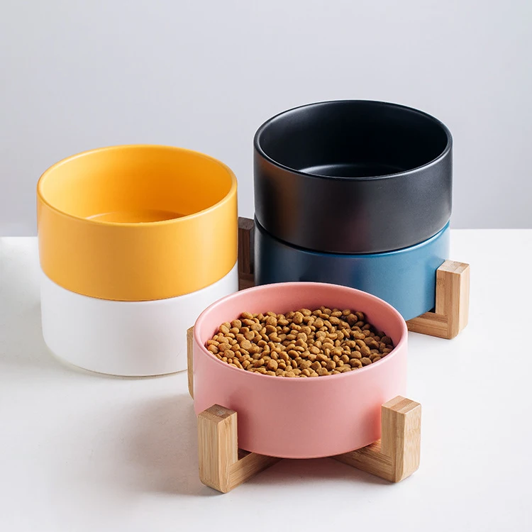 Custom Ceramic Single/Double Dog Feeder Wood Stand Protection Cervical Vertebra Food Water Prevent Tipping Bowls