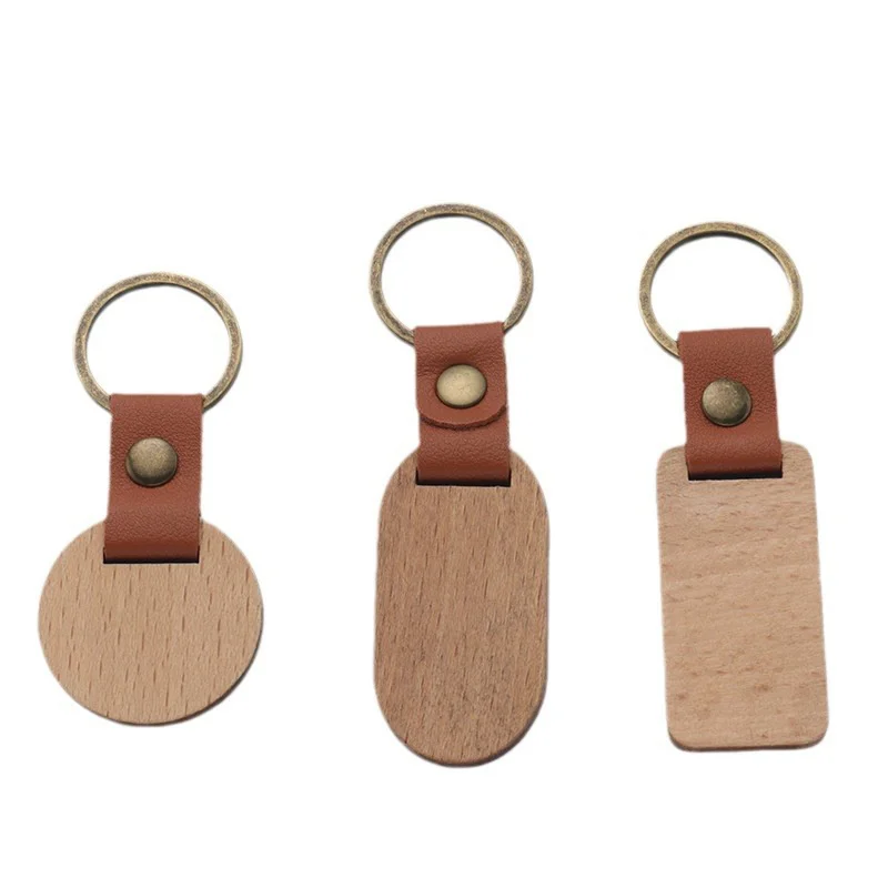 Custom Unfinished Wholesale Pendant Keychain Blank Beech Wooden Rectangle Heart Square Round Oval Plain Folk Art Wooden Keyring