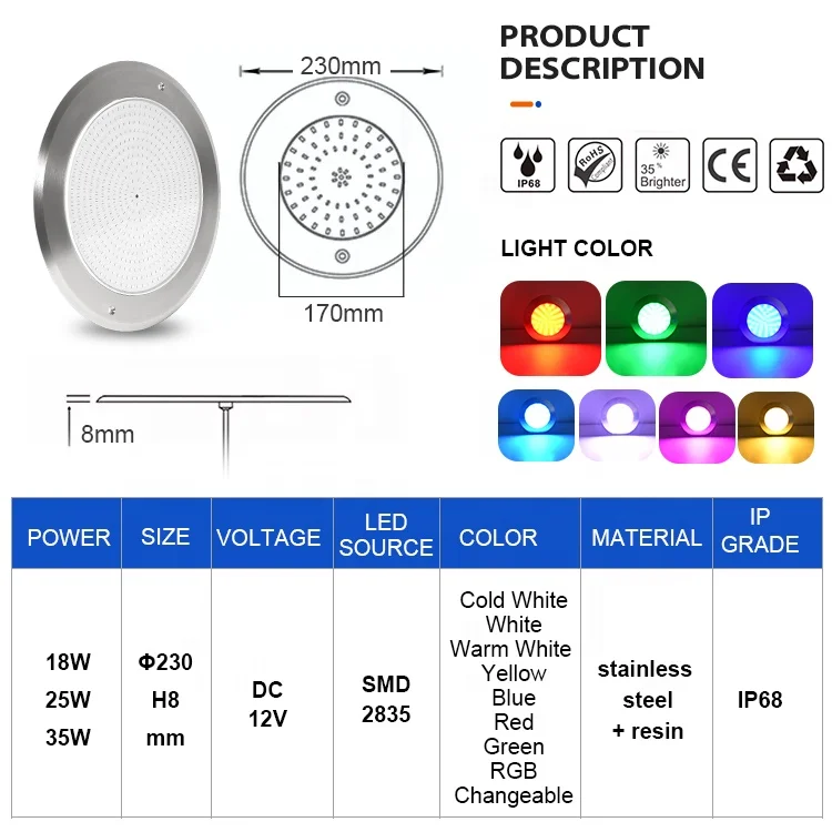 8MM Ultra-Thin Resin Filled 12V 18W Ip68 Waterproof 12 Volt Mobile Phone Control Led Underwater Light Wifi Swimming Pool Light