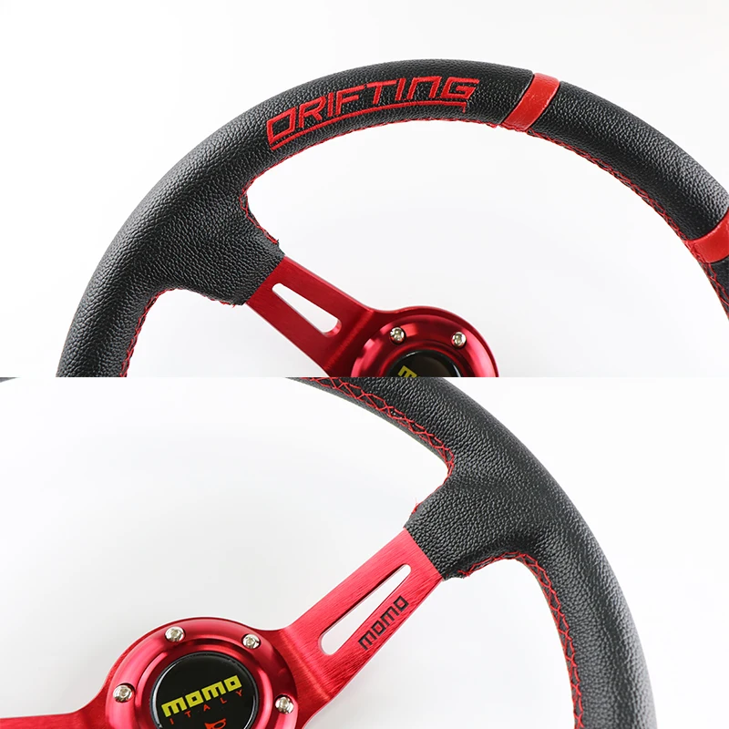 MOMO 14 350MM Steering Wheel Red PVC Artificial Leather NUBUCK Sports Racing Car For Toyota Honda Universal Horn Button
