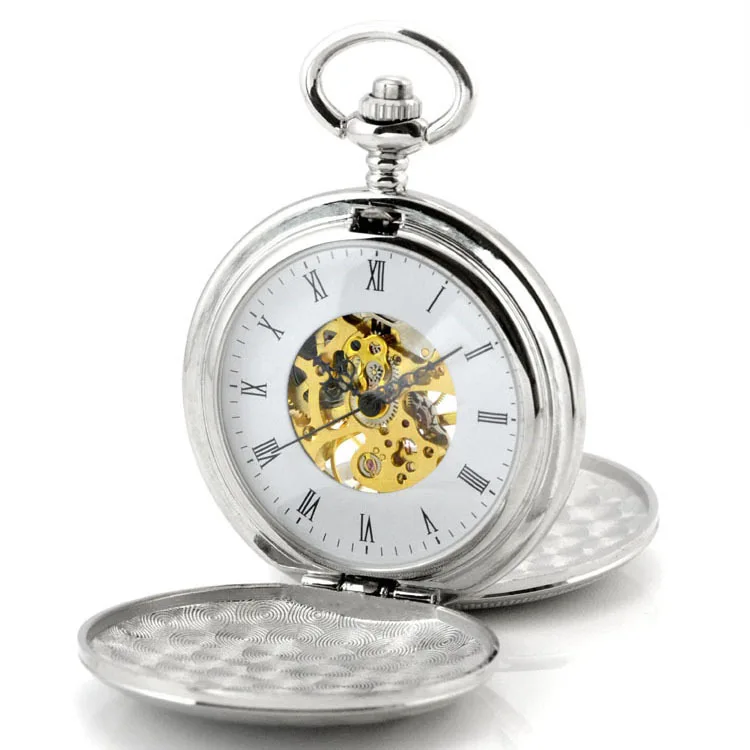 2024 blank Silver Smooth Double Full Hunter Case Steampunk Skeleton Dial Mechanical Pocket Watch with Chain