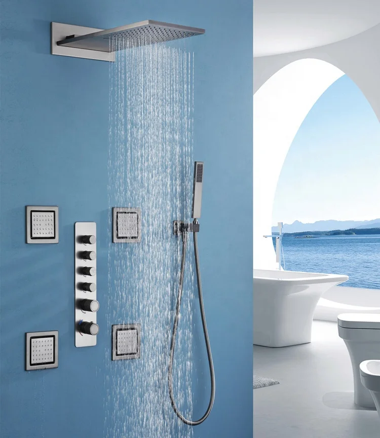 wholesale High level Luxury Water Power Shower Head Rainfall Thermostatic 4 Massage Jets Spar shower set faucet bathroom