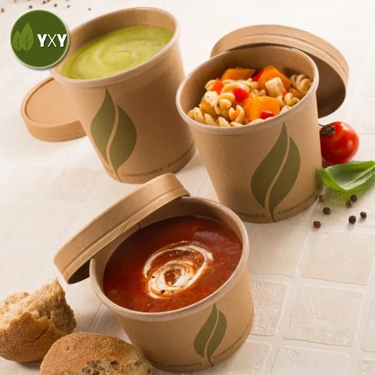 
100% Eco-friendly Take-out Kraft Paper Togo Soup Bowls With Paper Lid 