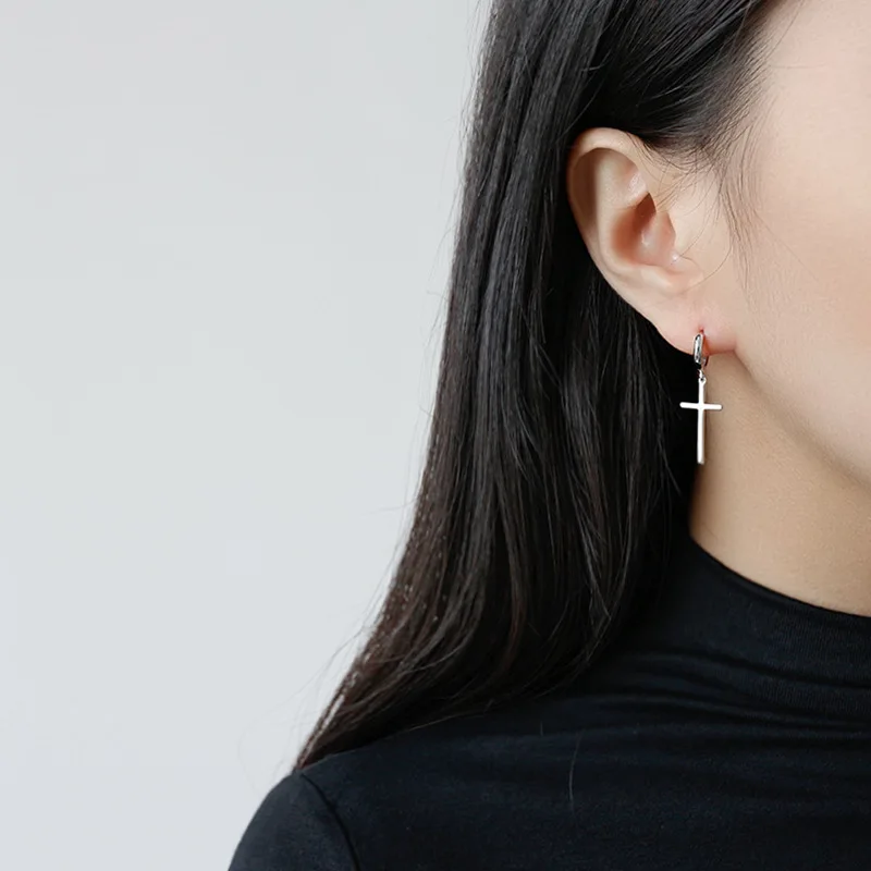 S925 Sterling Silver Fashion Minimalist Temperament Glossy Round Cross Long Earrings