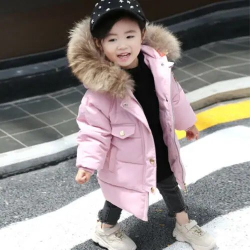 
Boys Girls Kids Padded Coat Winter Jacket Puffer Fur Hooded Long Parka Coats 