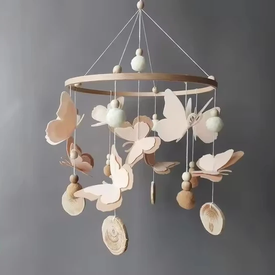 Butterflies baby mobile neutral Crib pom pom boho mobile musical bebe Nursery felt mobile