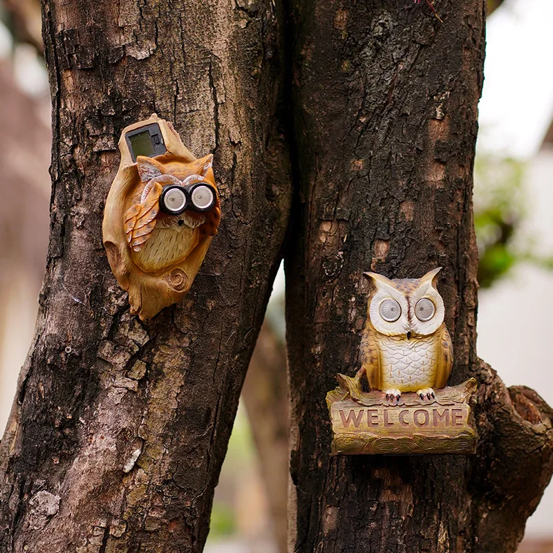 Owl Statues Tree Sculptures Outdoor Garden Statues Solar Light Owl Tree Ornaments For Garden Owl Outdoor Decor Resin
