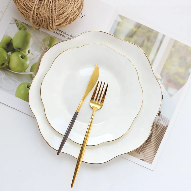 factory ceramic white porcelain plates custom logo gold rim bone china dinner plates