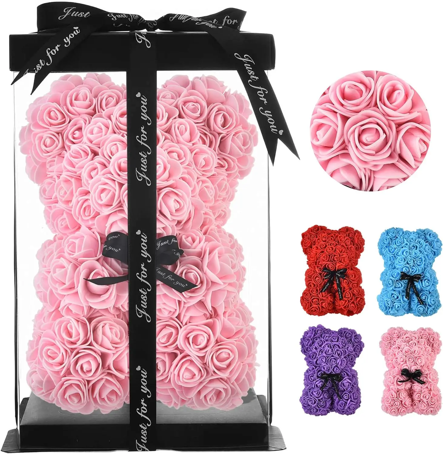 10 inch Rose Teddy Bear with Transparent Gift Box Artificial Plastic Everlasting Rose Flower Bear Gift for Holiday