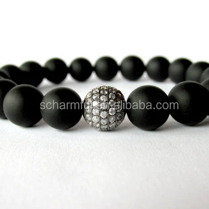 ST00150 Chic Black Onyx Gemstone Bead Micro Pave Stretch Bracelet