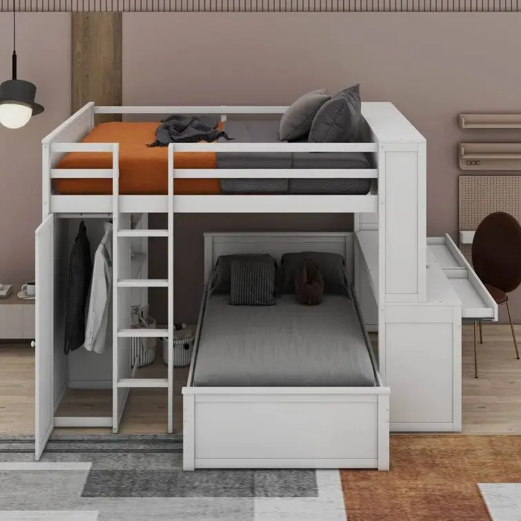 Modern Home Furniture Wooden Bedroom Bunk Loft Bed Fram Furniture Full Size Bunk Bed with Twin Study Desk