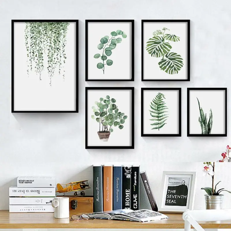 Watercolor Green Plants Leaves Canvas Paintings Nordic Scandinavian Office Wall Art Poster Picture for Living Room Home Decor