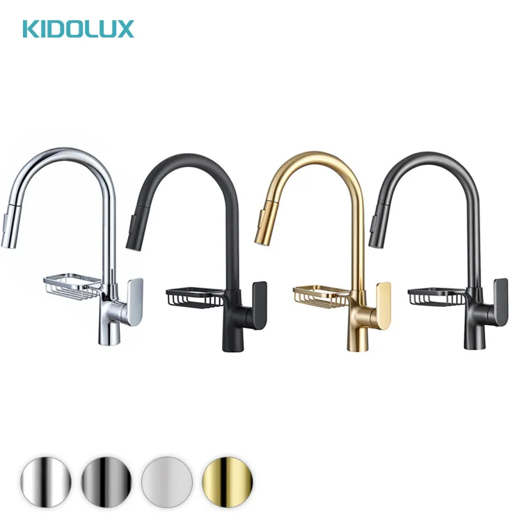 Kidolux Brushed Gold Hot Sales Soap Basket Pull Down Kitchen Faucet Pull Out Kitchen Taps Sink Faucet Hot And Cold Water Taps