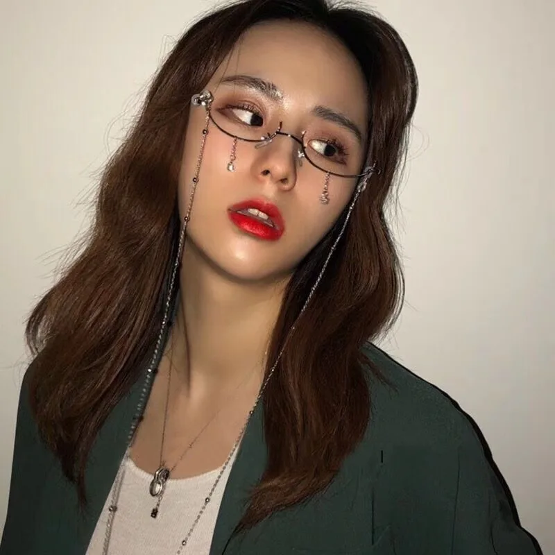 2022 Fashion Semi Rimless Frame Party Eyeglasses Chain Half Frame Lenslessframe, Vintage Glasses Eye Rhinestone Frame
