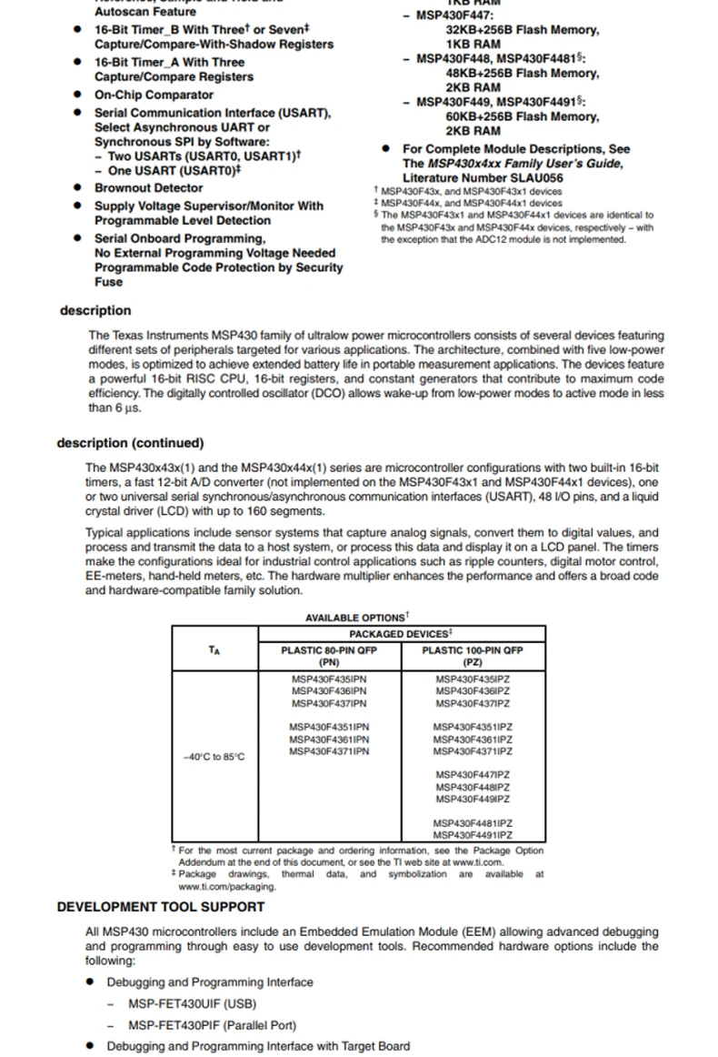 MSP430F449IPZR LQFP-100 16-Bit Mixed-Signal Microcontroller-MCU Features 60KB Flash, 2KB SRAM, 12-bit ADC, Comparator
