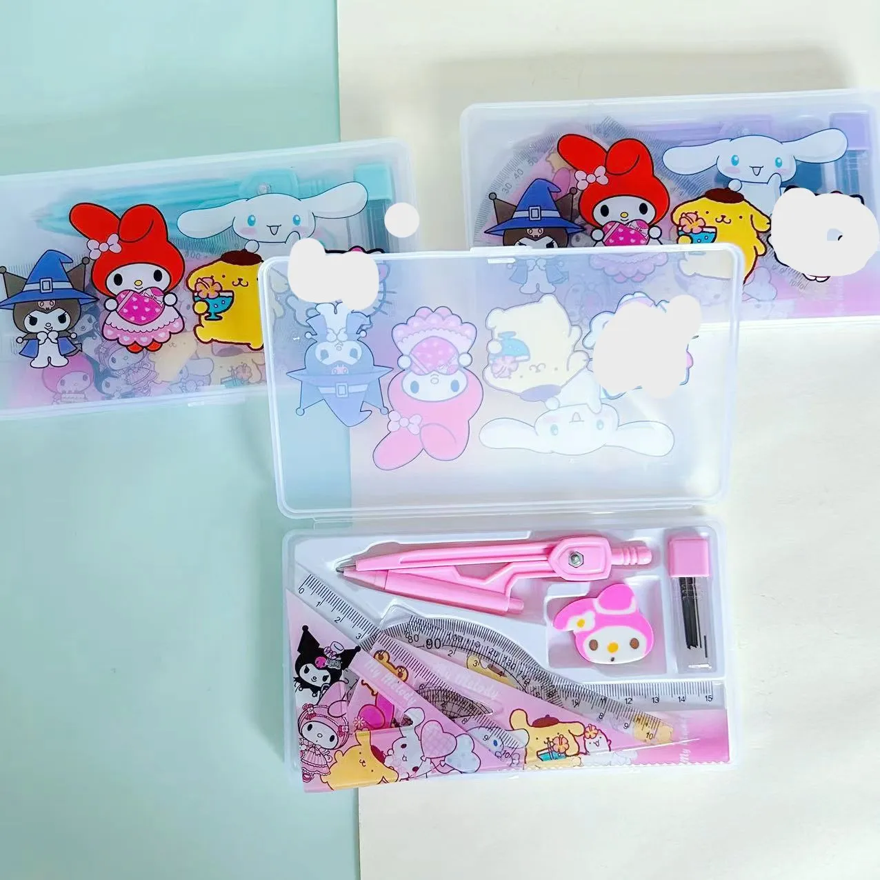QH Hot selling compass ruler set, cute student exam drawing ruler, 7-piece stationery combination gift