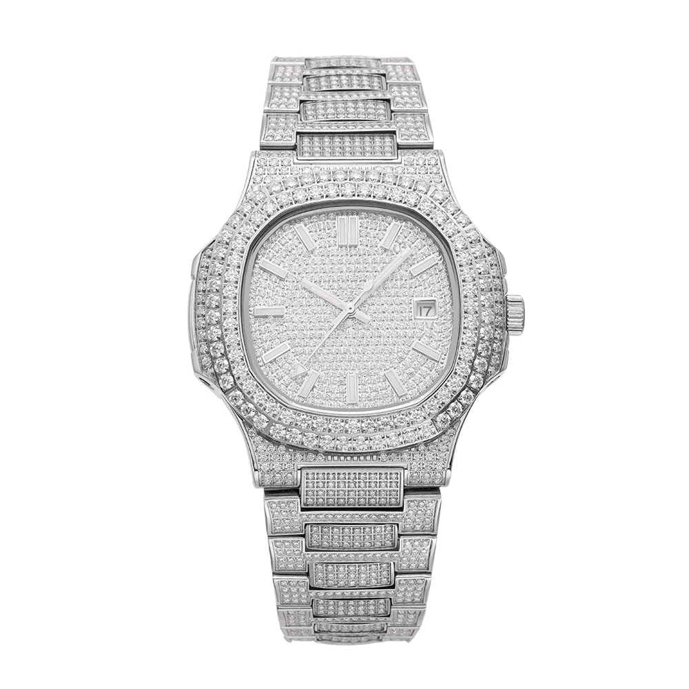 Wholesale Full Iced Out Diamond Gold Couple Luxury Stainless Steel 18K Gold Plated Metal Watch Band Watch