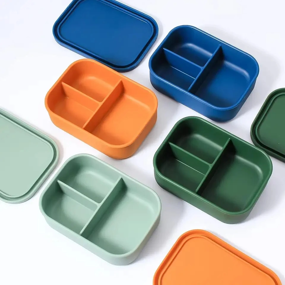Reusable 3 Compartment School Children Kid Food Storage Silicone Bento Lunch Box