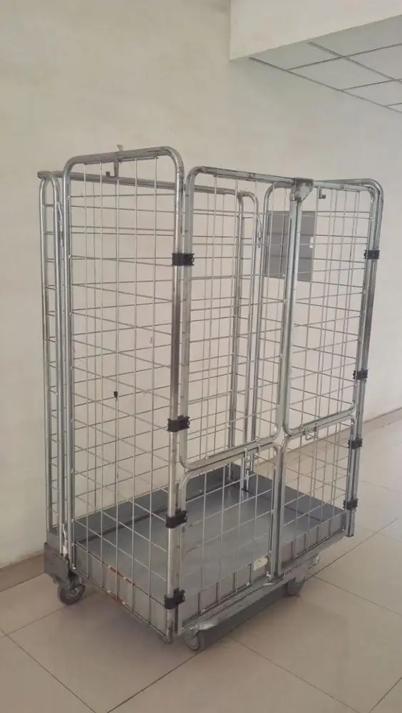 
Warehouse Cage Foldable Roll Door Logistic Security Wire Mesh Cart Storage Metal Trolley With Wheels 