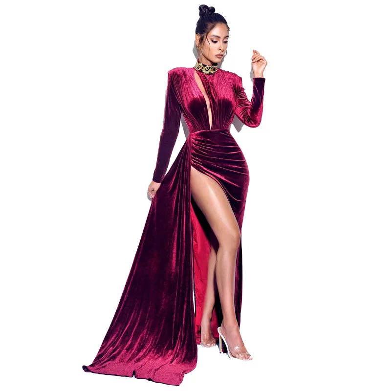 New Arrival Womens Girl Sexy Club Velvet Elegant Split Gown Long Sleeve Ladies Temperament Maxi Evening Dress