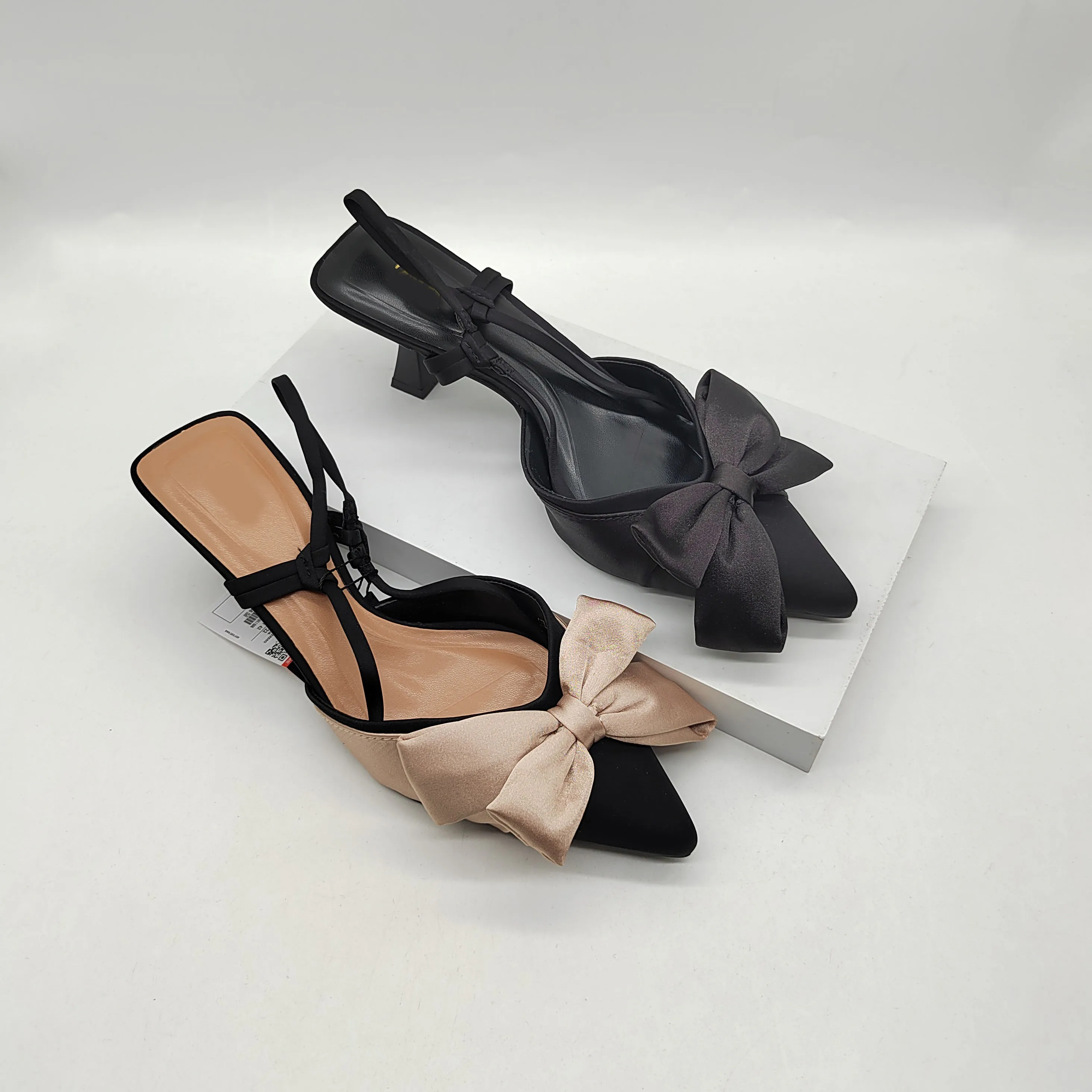 Wholesale Suede Upper Women Casual Style Pointed Toe Kitten Heeled Slingback Fashion Bow Sandals Slippers Heels for Ladies Shoes