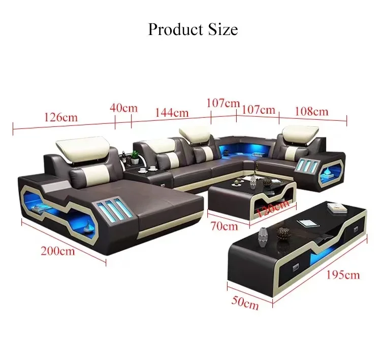 Modern Living Room Sofa Set Genuine Leather Sofas with USB Music Speaker