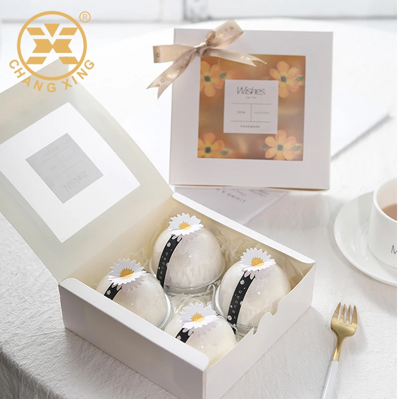 White Frosted Window Eclairs Baking Cookie Packaging Box With Plastic Window Ribbon Label