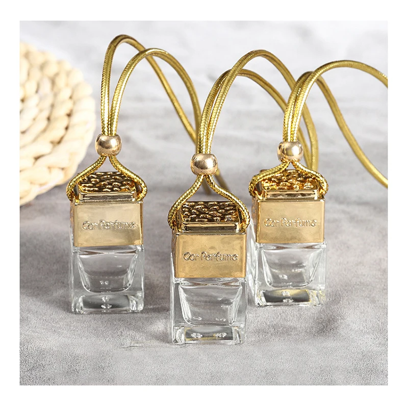 Vehicle Custom Logo Golden Lid Empty Car Perfume Glass Bottle Vent Clip Wood Car Air Freshener Container Hanging