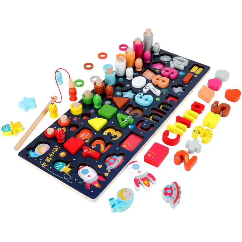 Children Wooden Fishing Magnetic Shape Sorter Toy Kids Educational Wooden Multifuncational Logarithmic Board Toys For Child